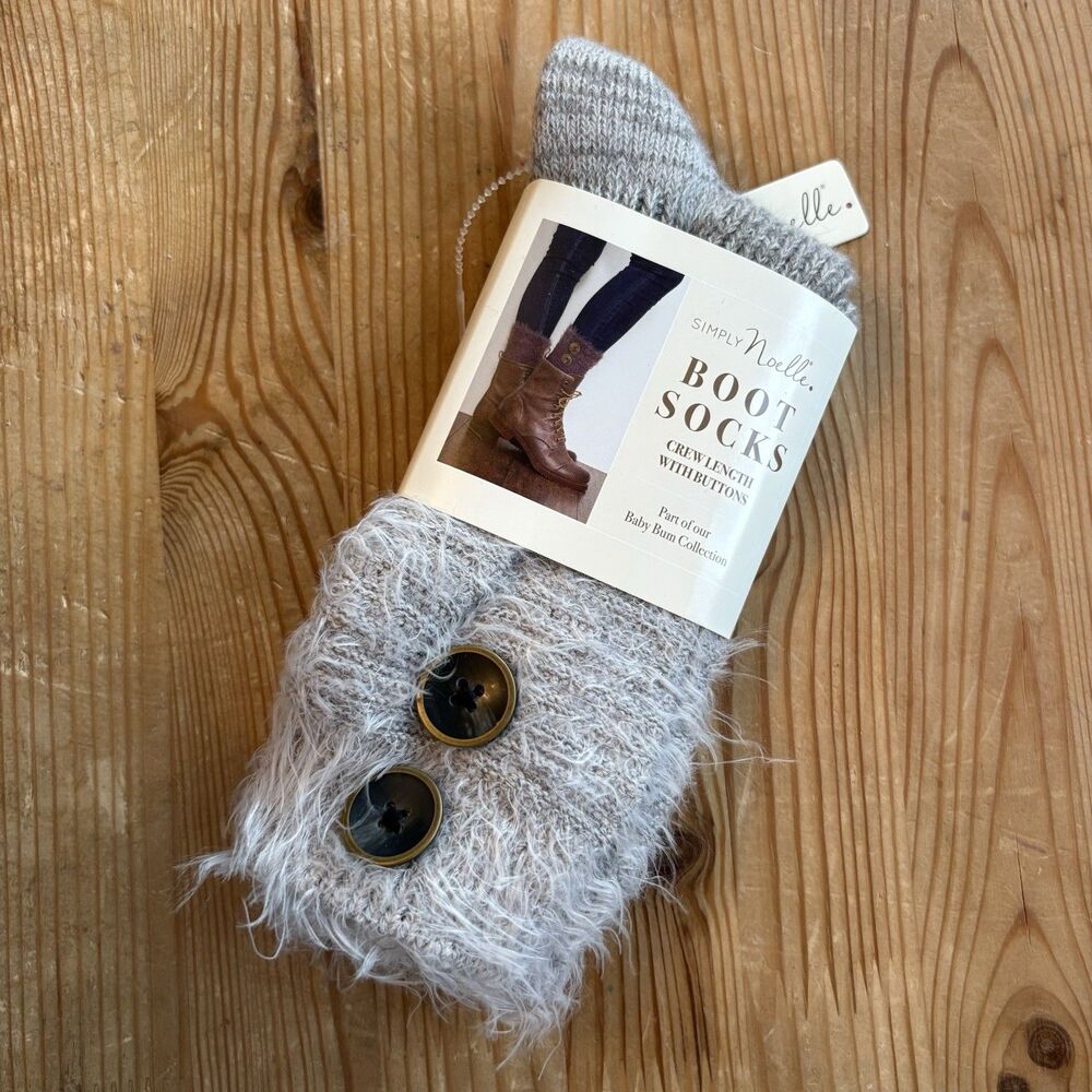 New Crew Height Boot Socks Simply Noelle Grey 2 Buttons Fuzzy Women’s One Size